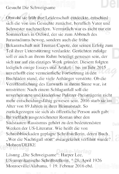 Harper Lee (Personenrätsel ) KW 1826