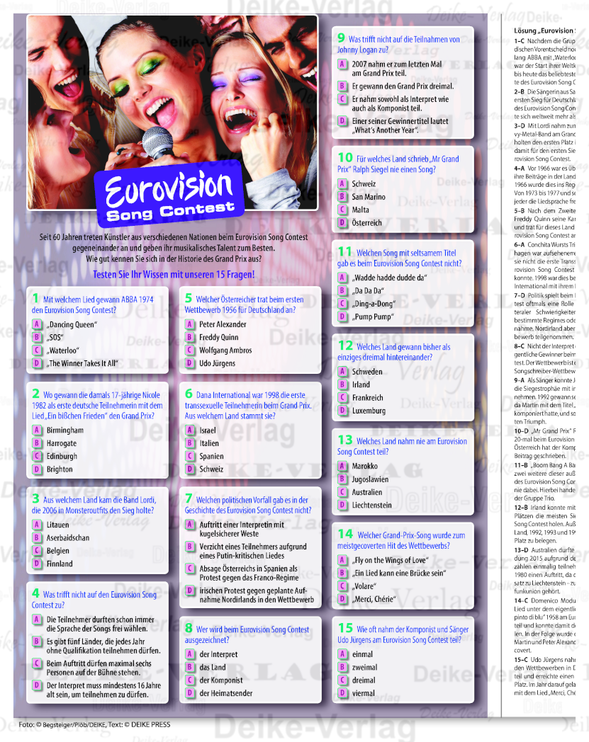 Eurovision Song Contest - Quizpaket mit 15 Fragen