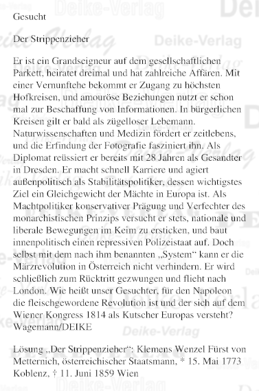 Klemens Wenzel Fürst von Metternich - Personenrätsel KW 2023